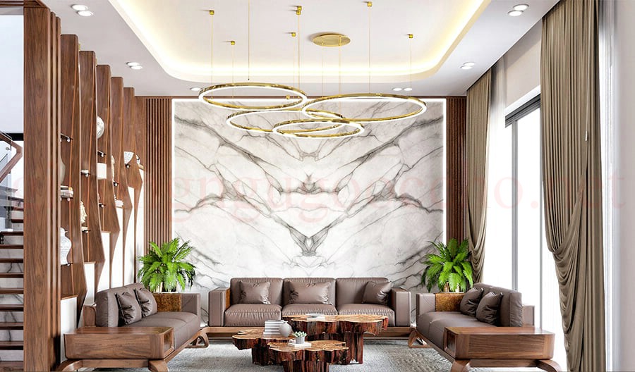 Phòng khách hiện đại với bàn ghế sofa gỗ sang trọng