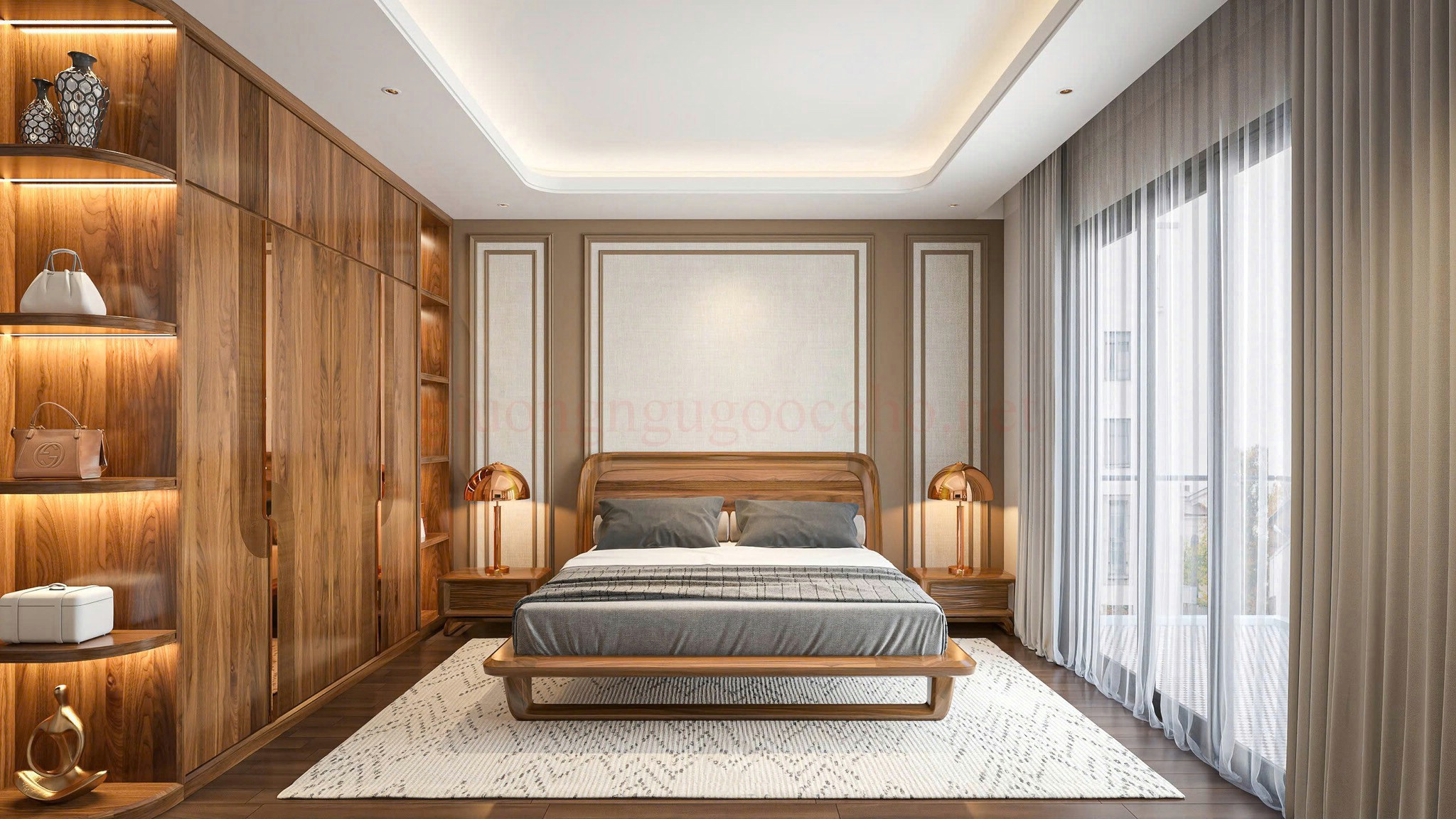 Nội thất phòng ngủ gỗ óc chó kết hợp gỗ tự nhiên và gỗ công nghiệp