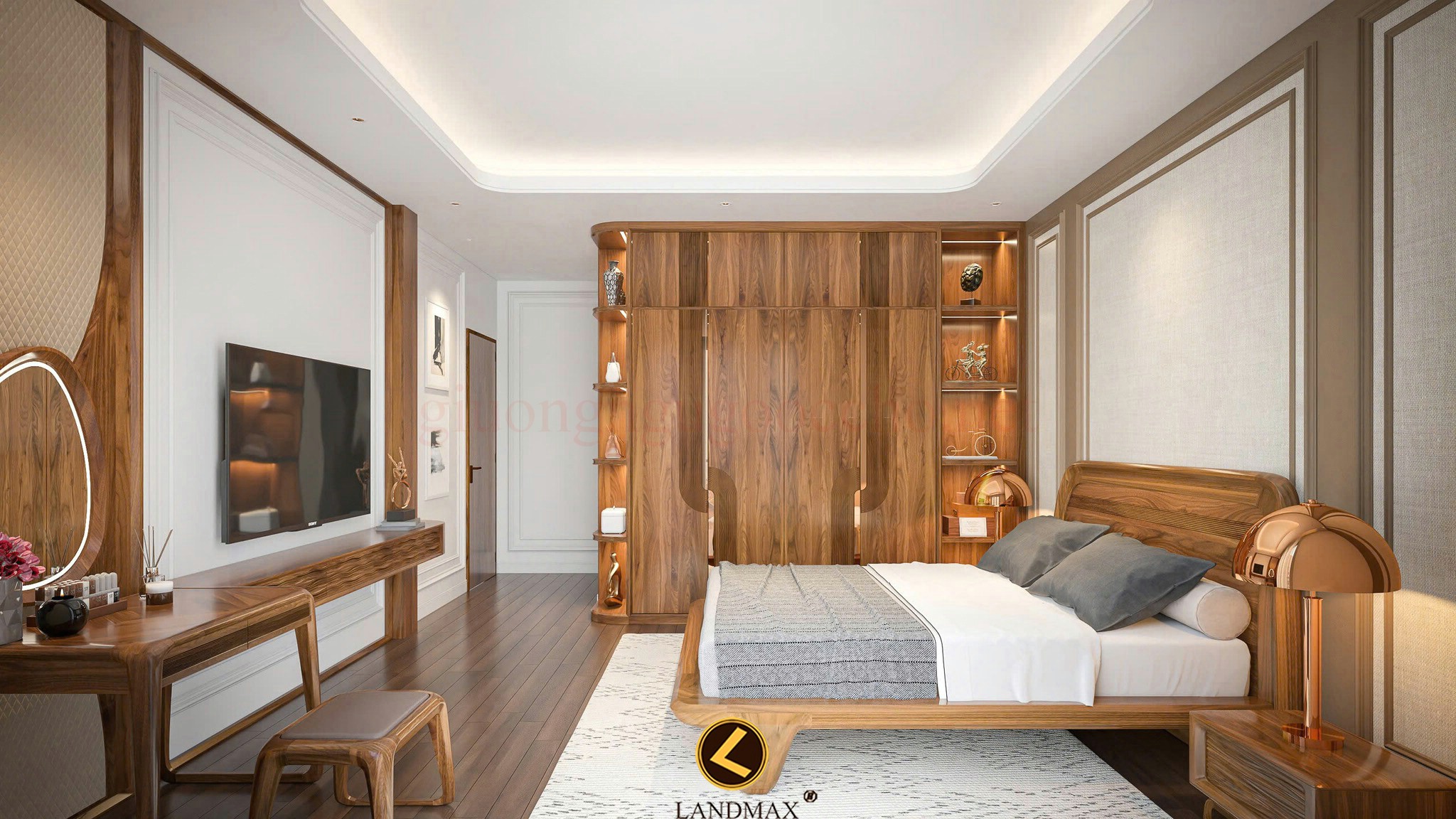 Nội thất phòng ngủ gỗ óc chó kết hợp veneer hiện đại