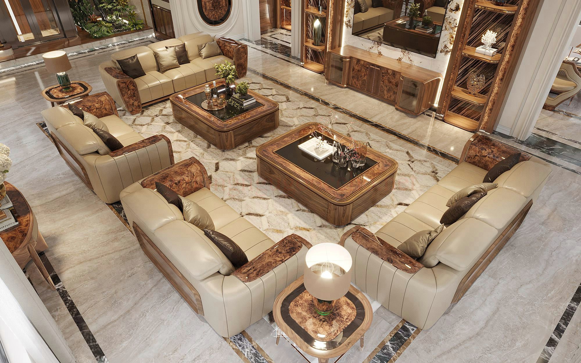 Sofa gỗ chữ L và sofa ghế băng kết hợp ghế đơn trong không gian phòng khách