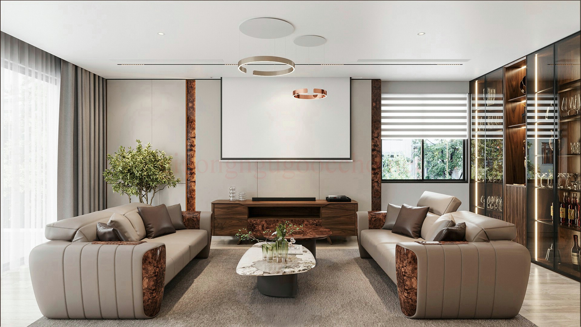 Bộ sofa gỗ óc chó hiện đại trong phòng khách sang trọng